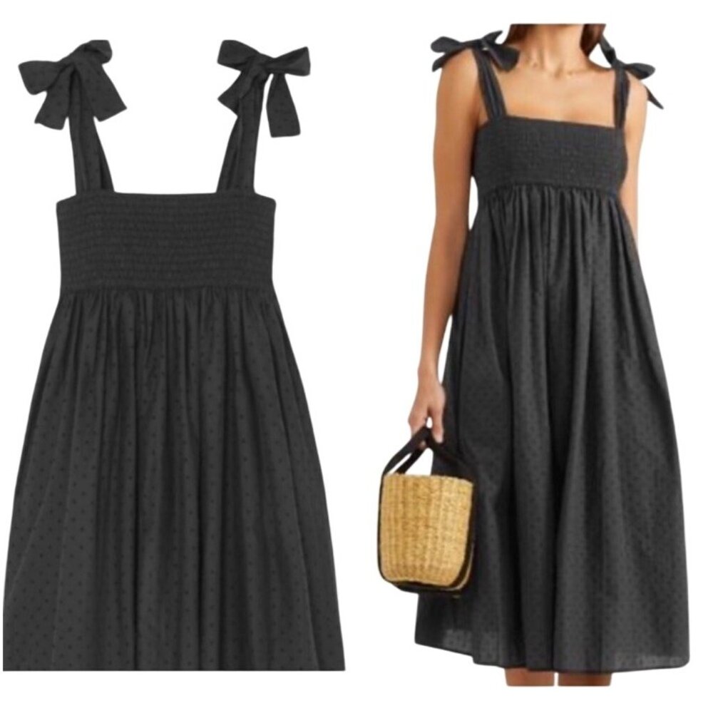 MARYSIA Resort Women’s Sz M Midi Smocked Swiss Dot Black Bow Tie Shoulder Dress - Picture 2 of 12